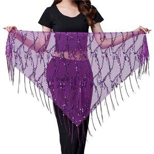 Purple Sheer Sequin Belly Dance Hip Scarf – Sparkling Wrap Skirt with Fringe